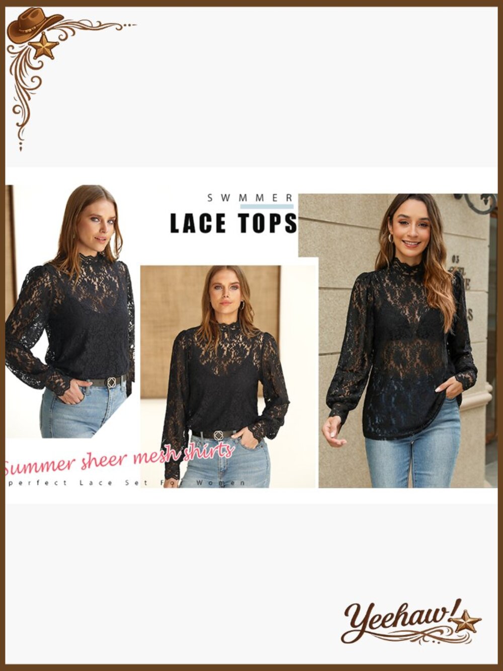 Sheer Lace Long Sleeve Blouse with Camisole Set Women Dressy Top - Picture 7 of 7
